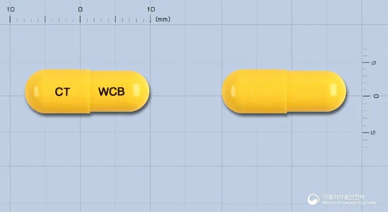 웰씨비캡슐 앞뒤 사진 (노란색 캡슐, 각인 CT WCB)