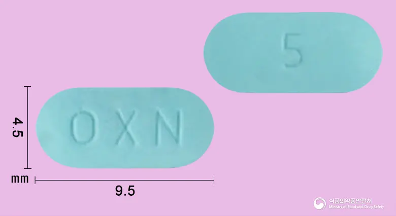 타진서방정 5/2.5mg 앞뒤 사진 (파란색 장방형, 각인 OXN / 5)