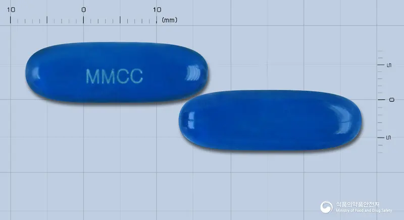 클린콜연질캡슐 앞뒤 사진 (파란색·투명 캡슐, 각인 MMCC)