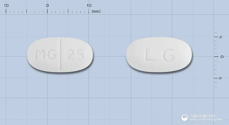메아그릴엠정2/500밀리그램 앞뒤 사진 (흰색 장방형, 각인 MG 25 / LG)