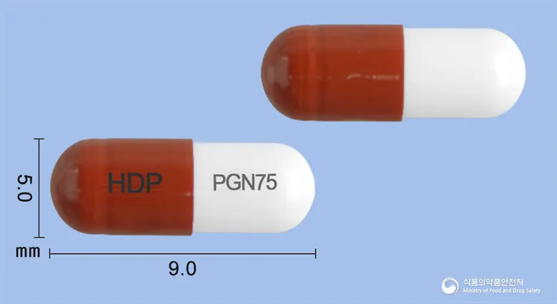 현대프레가발린캡슐75밀리그램 앞뒤 사진 (갈색 캡슐, 각인 HDP PGN75)