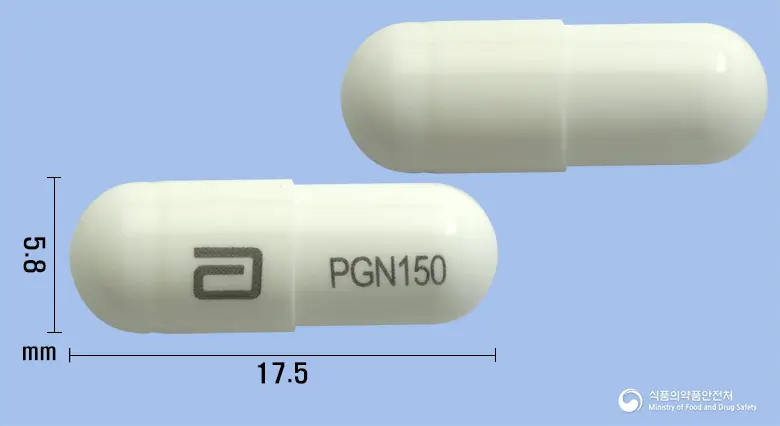 프레필캡슐150밀리그램(프레가발린) 앞뒤 사진 (흰색 캡슐, 각인 PGN150)