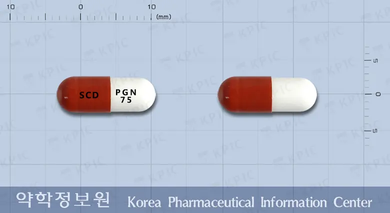 리발린캡슐75밀리그램(프레가발린) 앞뒤 사진 (갈색 캡슐, 각인 SCD PGN 75)