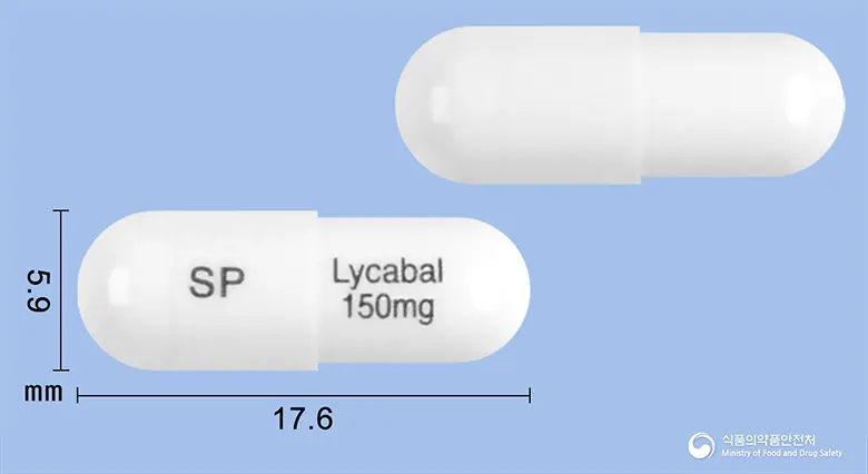 리카발캡슐150밀리그램(프레가발린) 앞뒤 사진 (흰색 캡슐, 각인 SP Lycabal 150mg)