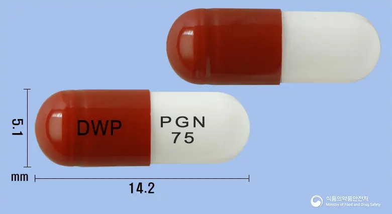 리카뉴로캡슐75mg(프레가발린) 앞뒤 사진 (갈색 캡슐, 각인 DWP PGN 75)