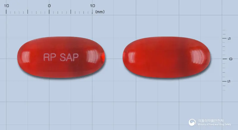 상아코프 연질캡슐 앞뒤 사진 (빨간색·투명 캡슐, 각인 RP SAP)