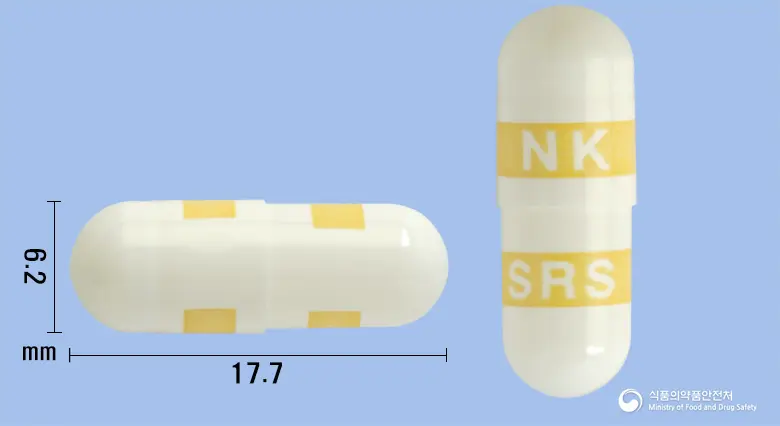 쎄넥스캡슐(세레콕시브) 앞뒤 사진 (흰색 캡슐, 각인 NK SRS)