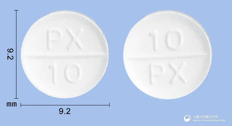 프라펙솔정1밀리그램(프라미펙솔염산염일수화물) 앞뒤 사진 (흰색 원형, 각인 PX 10 / 10 PX)