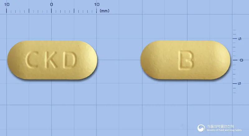 인코라민스페셜정 앞뒤 사진 (노란색 장방형, 각인 CKD / B)