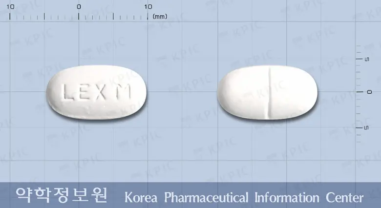 랙스엠정2/500밀리그램 앞뒤 사진 (흰색 타원형, 각인 LEX M)