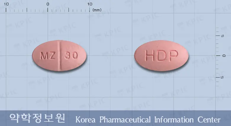 멀타핀정30밀리그램(미르타자핀) 앞뒤 사진 (분홍색 타원형, 각인 MZ 30 / HDP)