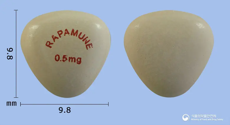 라파뮨정0.5밀리그램(시롤리무스) 앞뒤 사진 (노란색 삼각형, 각인 RAPAMUNE 0.5mg)