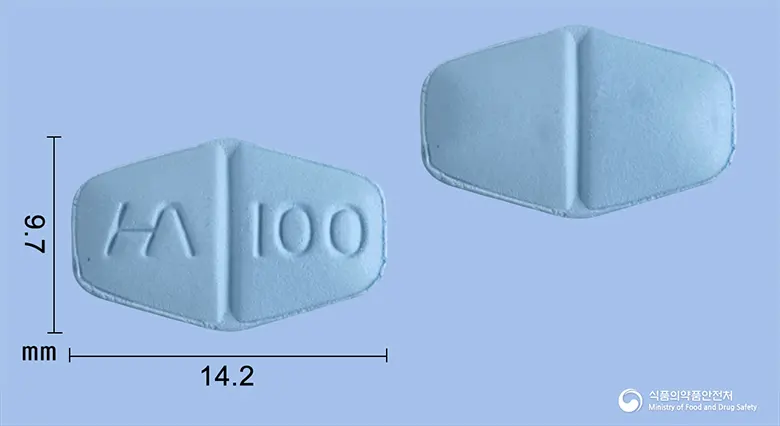 포미스터정100mg(실데나필시트르산염) 앞뒤 사진 (파란색 육각형, 각인 100)