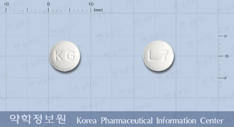 글로미피드정(레바미피드) 앞뒤 사진 (흰색 원형, 각인 KG / L7)