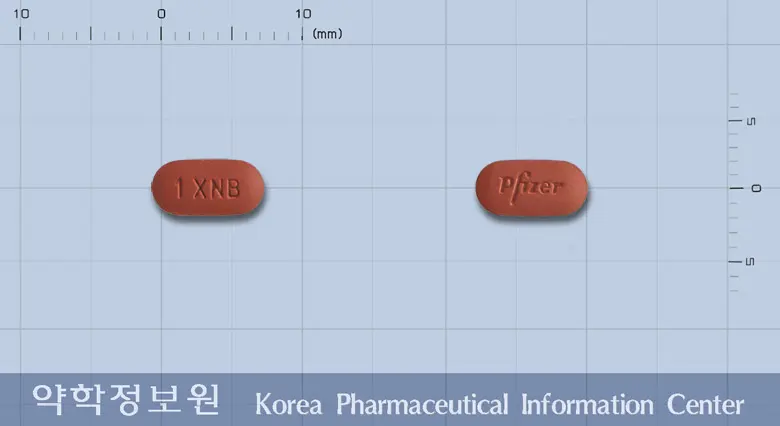 인라이타정1밀리그램(엑시티닙) 앞뒤 사진 (빨간색 타원형, 각인 1 XNB)