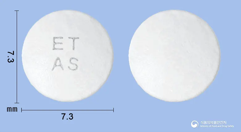 이텍스아스피린장용정100mg(아스피린) 앞뒤 사진 (흰색 원형, 각인 ETAS)