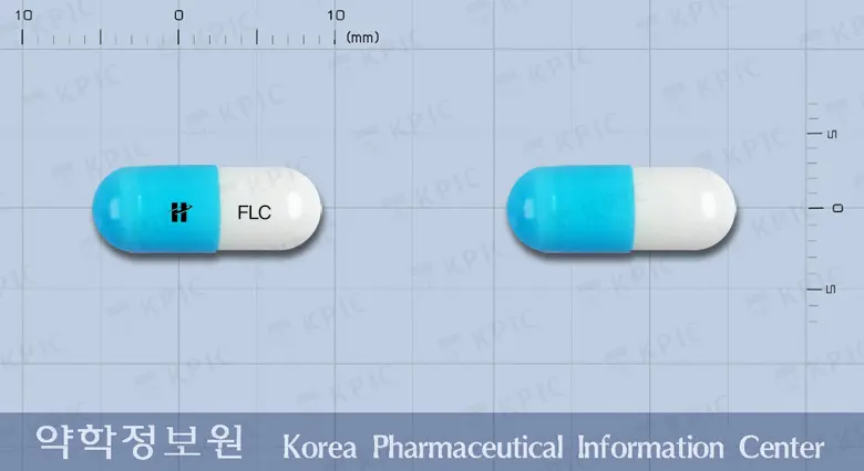 휴니즈플루코나졸캡슐 앞뒤 사진 (흰색 캡슐, 각인 FLC)