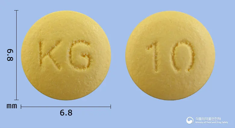 글로라베정10mg(라베프라졸나트륨) 앞뒤 사진 (노란색 원형, 각인 KG / 10)