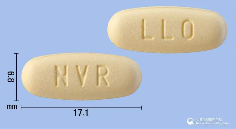 가브스메트정50/500밀리그램 앞뒤 사진 (노란색 타원형, 각인 NVR / LLO)