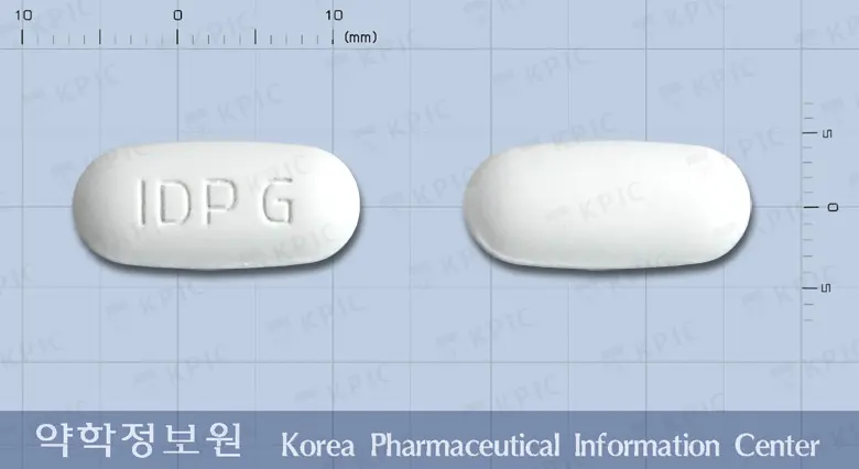 글리팜-멕스서방정2/500밀리그램 앞뒤 사진 (흰색 타원형, 각인 IDP G)
