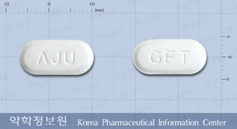 글루파민서방정500밀리그램(메트포르민염산염) 앞뒤 사진 (흰색 타원형, 각인 ΛJU / GFT)
