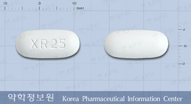 디아그릴-멕스서방정2/500밀리그램 앞뒤 사진 (흰색 타원형, 각인 XR25)