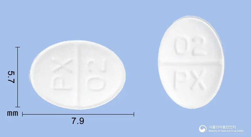 프라펙솔정0.25밀리그램(프라미펙솔염산염일수화물) 앞뒤 사진 (흰색 타원형, 각인 PX 02 / 02 PX)