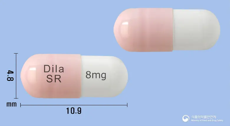 딜라트렌에스알캡슐8밀리그램(카르베딜롤) 앞뒤 사진 (분홍색 캡슐, 각인 Dila 8mgSR)
