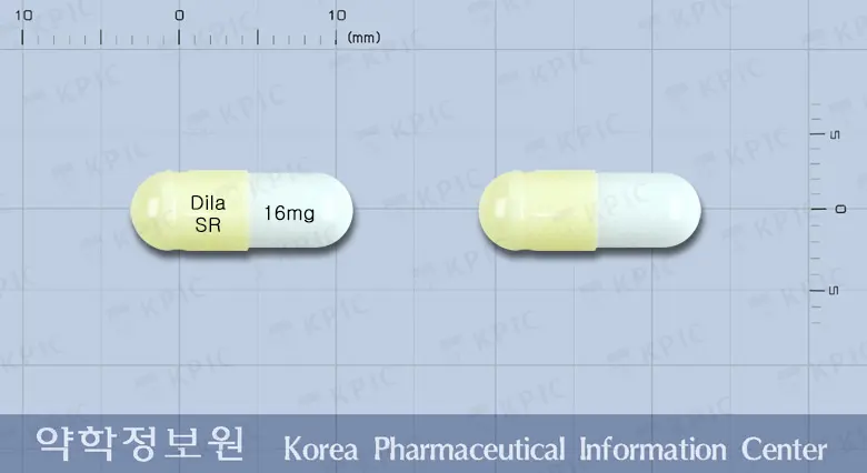 딜라트렌에스알캡슐16밀리그램(카르베딜롤) 앞뒤 사진 (노란색 캡슐, 각인 Dila 16mgSR)