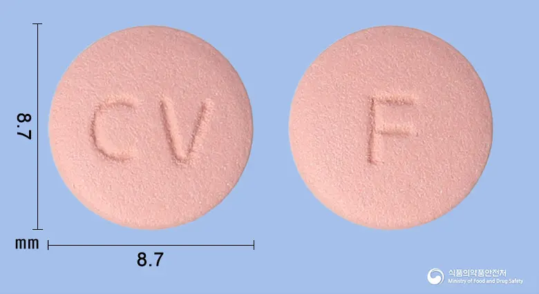 파비클렌정(클로피도그렐황산수소염) 앞뒤 사진 (분홍색 원형, 각인 CV / F)