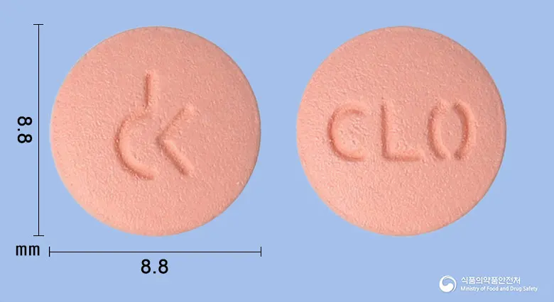 클로렐정(클로피도그렐황산염) 앞뒤 사진 (분홍색 원형, 각인 CL0)
