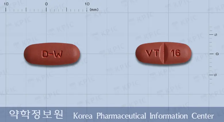 브이자탄플러스정160/12.5mg 앞뒤 사진 (빨간색 타원형, 각인 D-W / VT 16)