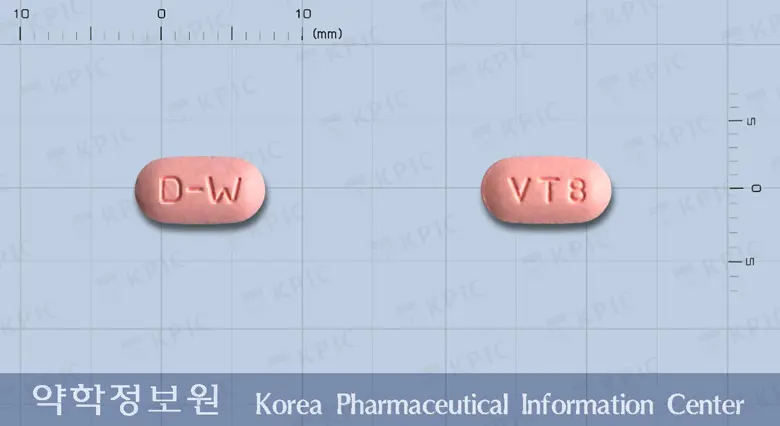 브이자탄플러스정80/12.5mg 앞뒤 사진 (분홍색 타원형, 각인 D-W / VT8)