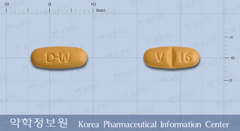 브이자탄정160밀리그램(발사르탄) 앞뒤 사진 (주황색 타원형, 각인 D-W / V 16)