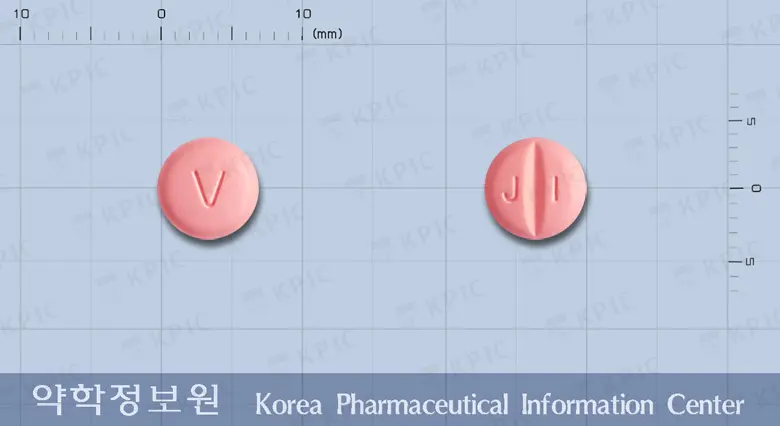 디오발탄정80밀리그램(발사르탄) 앞뒤 사진 (분홍색 원형, 각인 V / J I)