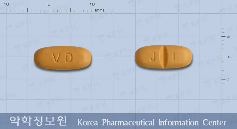 디오발탄정160밀리그램(발사르탄) 앞뒤 사진 (주황색 타원형, 각인 VD / J I)