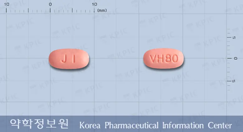 코디오발탄정80/12.5밀리그램 앞뒤 사진 (분홍색 타원형, 각인 JI / VH80)