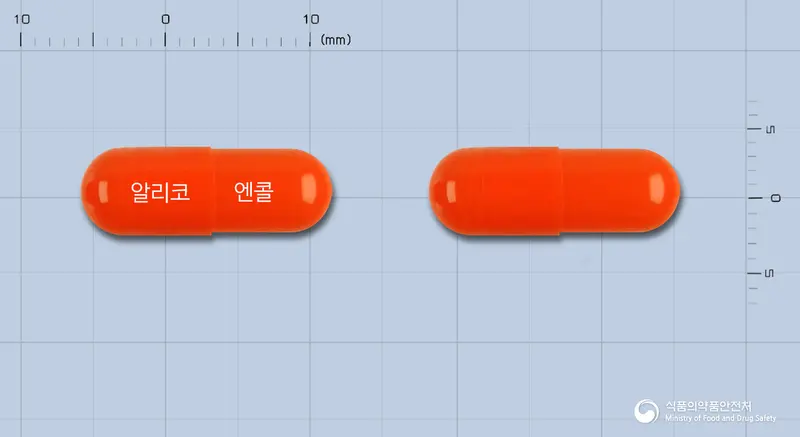 비타엔콜캡슐 앞뒤 사진 (주황색 캡슐, 각인 알리코 엔콜)