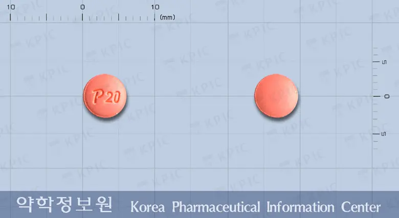 파텐션정20밀리그램(실데나필시트르산염) 앞뒤 사진 (분홍색 원형, 각인 P20)