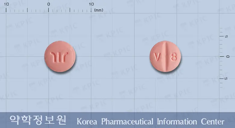 부광발사르탄정80밀리그램 앞뒤 사진 (분홍색 원형, 각인 V 8)