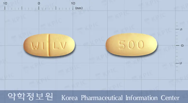 케프렙톨정500밀리그램(레비티라세탐) 앞뒤 사진 (노란색 타원형, 각인 WI LV / 500)