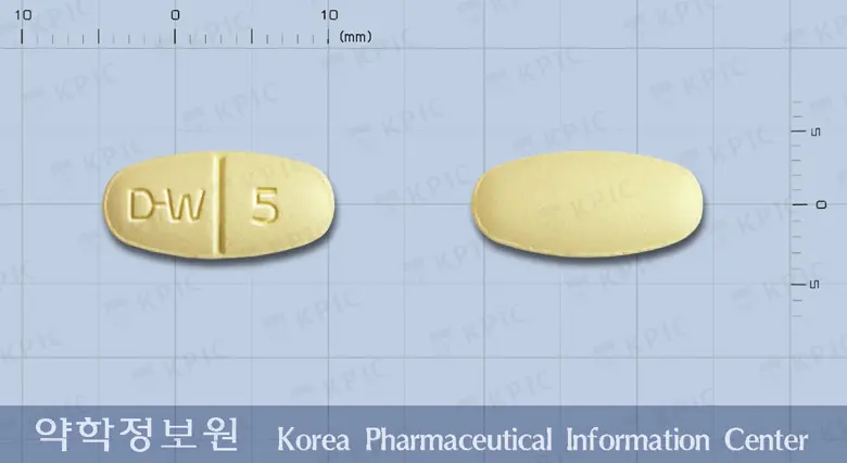 에필프라정500밀리그램(레비티라세탐) 앞뒤 사진 (노란색 타원형, 각인 D-W 5)