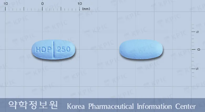 스타레탐정250밀리그램(레비티라세탐) 앞뒤 사진 (파란색 타원형, 각인 HDP 250)