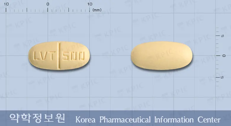 레비로틴정500밀리그램(레비티라세탐) 앞뒤 사진 (노란색 타원형, 각인 LVT 500)