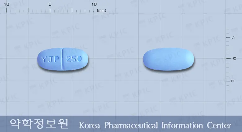 레비세탐정250밀리그램(레비티라세탐) 앞뒤 사진 (파란색 타원형, 각인 YJP 250)