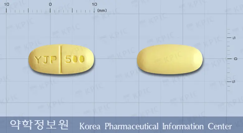 레비세탐정500밀리그램(레비티라세탐) 앞뒤 사진 (노란색 타원형, 각인 YJP 500)
