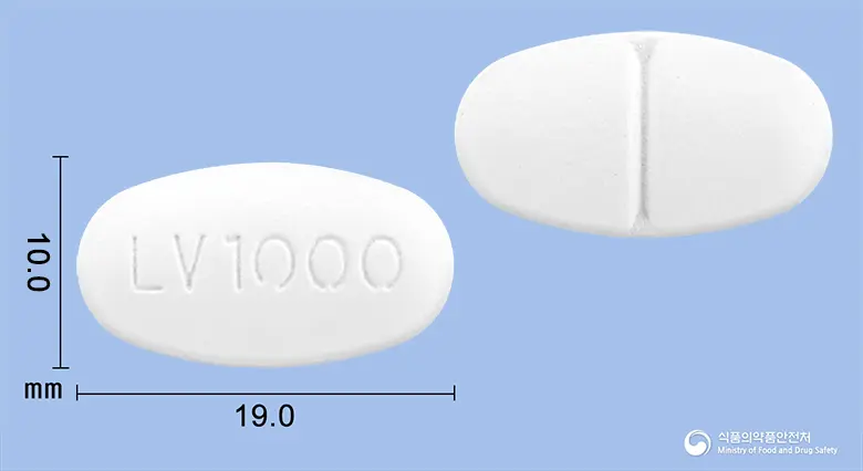 레비라정1000밀리그램(레비티라세탐) 앞뒤 사진 (흰색 타원형, 각인 LV1000)