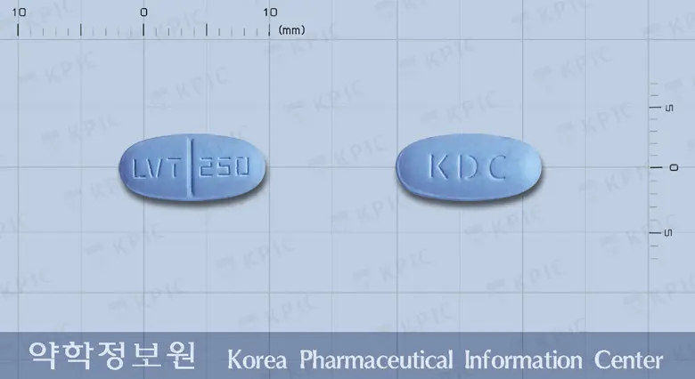 레비로틴정250밀리그램(레비티라세탐) 앞뒤 사진 (파란색 타원형, 각인 LVT 250 / KDC)