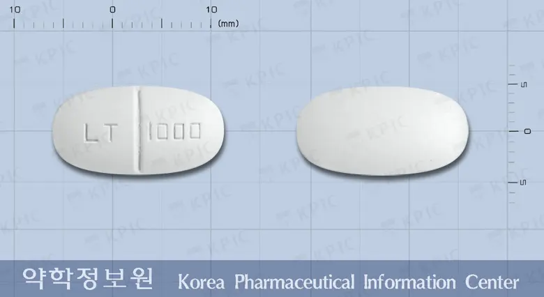 케피람정1000밀리그램(레비티라세탐) 앞뒤 사진 (흰색 타원형, 각인 LT 1000)
