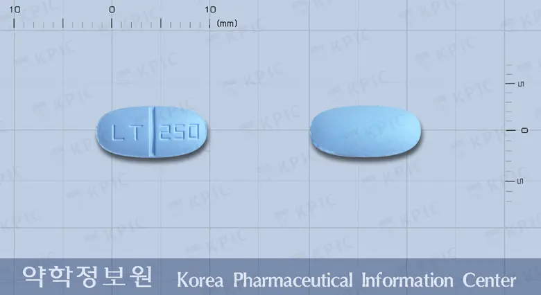 케피람정250밀리그램(레비티라세탐) 앞뒤 사진 (파란색 타원형, 각인 LT 250)